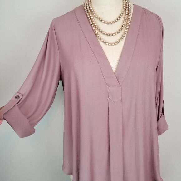 Lush Chiffon V Neck Roll Tab 3/4 Sleeve Mauve Blouse Ladies Size Medium - Picture 2 of 9